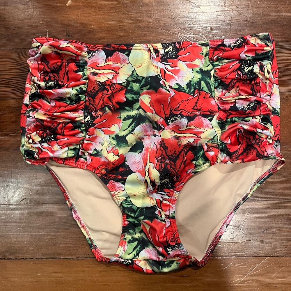 L Neon Floral Side Ruched Swim Bottoms